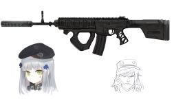 Rule 34 | 2girls, beret, black headwear, black jacket, closed mouth, commentary, cropped shoulders, dokomon, english commentary, facial mark, flat cap, g11 (girls&#039; frontline), girls&#039; frontline, green eyes, grey hair, gun, hair ornament, hat, highres, hk416 (girls&#039; frontline), jacket, long hair, looking at viewer, man face, multiple girls, portrait, simple background, suppressor, weapon, weapon request, white background