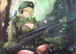 Rule 34 | 1girl, 2023, antlers, antlers through headwear, artist logo, belt, beret, bird, black shorts, blue jay, blurry, blurry background, bolt action, braid, braided bangs, breasts, buckle, bush, ceres fauna, cleavage, commentary, day, english commentary, eyes visible through hair, forest, gloves, green belt, green gloves, green hair, green hat, green shirt, gun, hair over one eye, hand up, hat, headphones, highres, hiroki ree, holding, holding gun, holding weapon, hololive, hololive english, horns, knee pads, large breasts, leaf, long bangs, long hair, long sleeves, looking at viewer, mole, mole under eye, nature, outdoors, parted lips, remington model 700, rifle, rock, scope, shirt, shorts, shrug (clothing), sitting, smile, snap-fit buckle, sniper rifle, solo, squirrel, tree, virtual youtuber, weapon, yellow eyes