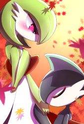 Rule 34 | 1boy, 1girl, artist name, autumn leaves, blush, bob cut, closed eyes, closed mouth, colored skin, cowboy shot, creatures (company), day, flat chest, from side, gallade, game freak, gardevoir, gen 3 pokemon, gen 4 pokemon, gradient background, green hair, green skin, grey hair, grey skin, half-closed eyes, hand on own chest, hand up, highres, holding hands, kissing hand, looking at another, looking down, multicolored skin, nintendo, orange background, outdoors, pink eyes, pokemon, pokemon (creature), profile, short hair, sideways mouth, signature, standing, tsukkon, twitter username, two-tone skin, white skin