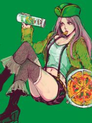 Rule 34 | 1girl, boots, chips (food), cropped jacket, crossed legs, food, fur jacket, hat, jacket, jewelry bonney, leaning back, lipstick, long hair, makeup, midriff, mouth hold, navel, one piece, patterned legwear, pink hair, pizza, potato chips, pringles, sabaody archipelago, short shorts, shorts, sitting, solo, suspenders, tegaki, thighhighs
