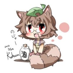 Rule 34 | 1girl, 2012, :3, alcohol, animal ears, artist name, bad id, bad twitter id, blush, brown hair, chibi, dated, fang, female focus, futatsuiwa mamizou, glasses, leaf, lowres, open mouth, raccoon ears, raccoon tail, rebecca (keinelove), red eyes, sake, short hair, signature, solo, tail, touhou