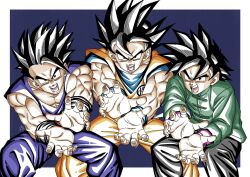 Rule 34 | 3boys, black hair, blue background, blue shirt, brothers, chinese clothes, cowboy shot, dated, dougi, dragon ball, dragon ball super, dragon ball super super hero, father and son, forest 1988, goku day, green jacket, group picture, jacket, kamehameha (dragon ball), looking at viewer, male focus, medium hair, multiple boys, muscular, muscular male, open mouth, orange pants, orange shirt, pants, purple shirt, red sash, sash, shirt, short hair, short sleeves, siblings, signature, sleeveless, sleeveless shirt, son gohan, son goku, son goten, spiked hair, ultimate gohan, v-neck