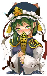 Rule 34 | 1girl, blue hat, blush, covering own mouth, gold trim, green eyes, green hair, hat, hat ribbon, highres, jonasan (bad-t), long sleeves, looking at viewer, one-hour drawing challenge, ribbon, rod of remorse, shiki eiki, simple background, solo, touhou, white background, white ribbon