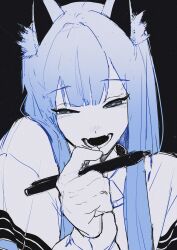Rule 34 | 1girl, absurdres, all i can see is you (vocaloid), animal ears, black background, blue eyes, blue hair, commentary request, evil smile, fangs, half-closed eyes, hand up, highres, holding, holding marker, long hair, long sleeves, looking at viewer, marker, open mouth, personality iv, rusui, simple background, skin fangs, smile, solo, upper body, vocaloid