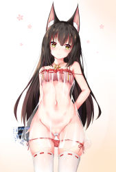 Rule 34 | 1girl, absurdres, animal ear fluff, animal ears, arms behind back, azur lane, ballot, bare arms, bare shoulders, bikini, bikini pull, black hair, blush, breasts, brown background, censored, closed mouth, clothes pull, collarbone, commentary request, fox ears, gameplay mechanics, gluteal fold, gradient background, groin, hair between eyes, head tilt, highres, holding, long hair, looking at viewer, maebari, nagato-chan, nagato (azur lane), nagato (great fox&#039;s respite) (azur lane), navel, partially visible vulva, red bikini, revision, ribbon-trimmed legwear, ribbon trim, see-through, side-tie bikini bottom, small breasts, smile, solo, swimsuit, thighhighs, very long hair, white background, white thighhighs, yellow eyes