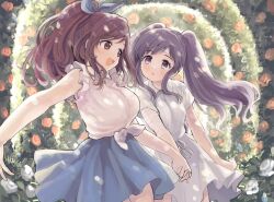 Rule 34 | 2girls, :d, amezawa koma, arch, bandages, bandaid, bandaid on face, blue flower, blue ribbon, blue skirt, blush, bow, breasts, brown eyes, brown hair, dappled sunlight, day, dot nose, dress, floral arch, flower, grey hair, hair bow, hair ribbon, highres, holding hands, idolmaster, idolmaster shiny colors, interlocked fingers, large breasts, long hair, looking at another, medium breasts, multiple girls, open mouth, outdoors, parted lips, pink flower, ponytail, purple eyes, reaching, ribbon, shirt, short sleeves, sidelocks, skirt, smile, sunlight, swept bangs, tied shirt, tsukioka kogane, twintails, waist bow, white bow, white dress, white flower, white shirt, yukoku kiriko