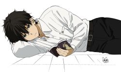 Rule 34 | 1boy, black pants, book, breast pocket, brown hair, holding, holding book, hyouka, lying, male focus, mery (yangmalgage), on side, open book, oreki houtarou, pants, pocket, reading, shirt, shirt tucked in, short hair, simple background, solo, white shirt