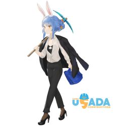 Rule 34 | 1girl, adapted costume, alternate hairstyle, animal ear fluff, animal ears, blue hair, blueprint (object), breasts, brown hair, brown pantyhose, business suit, carrot, dress shirt, formal, hair up, high heels, highres, holding, holding blueprints, holding pickaxe, hololive, jacket, jacket on shoulders, leotard, leotard under clothes, logo, minecraft, minecraft pickaxe, nana keki, open clothes, open shirt, pants, pantyhose, pickaxe, rabbit ears, rabbit girl, shirt, short hair with long locks, sidelocks, simple background, small breasts, solo, suit, usada kensetsu, usada pekora, virtual youtuber, white background