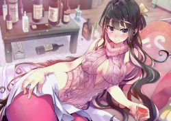 Rule 34 | alternate costume, black hair, bottle, breasts, cleavage, cleavage cutout, clothing cutout, drunk, glass, hidori (hibi toridori), highres, kantai collection, long hair, looking at viewer, lying, multicolored hair, naganami (kancolle), on side, pantyhose, pink hair, pink pantyhose, pleated skirt, skirt, solo, sweater vest, table, two-tone hair, white skirt, wine bottle, yes-no pillow