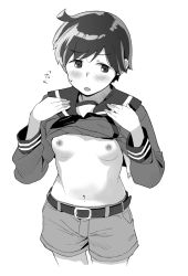 Rule 34 | 1girl, belt, breasts, clothes lift, cowboy shot, greyscale, kantai collection, makio (makiomeigenbot), mogami (kancolle), monochrome, navel, nipples, open mouth, sailor collar, shirt lift, short hair, shorts, small breasts, solo, sweatdrop