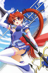 Rule 34 | 1girl, absurdres, arm up, black ribbon, blue shirt, bracelet, breasts, brown hair, character name, cleavage, earrings, elbow gloves, elixir lime, eyebrows, gloves, hair between eyes, hair ribbon, highres, holding, holding weapon, jewelry, leg up, long hair, looking at viewer, medium breasts, open mouth, panties, pantyshot, pink panties, pleated skirt, ponytail, purple eyes, ribbon, shirt, skirt, solo, standing, thighhighs, triangle!, underwear, very long hair, weapon, white gloves, white thighhighs