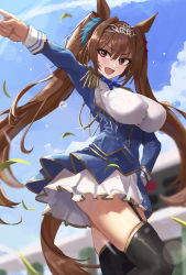 Rule 34 | 1girl, :d, absurdres, animal ears, arm up, black thighhighs, blue jacket, blurry, blurry background, blush, breasts, brown hair, daiwa scarlet (umamusume), day, depth of field, dress, epaulettes, fang, feipin zhanshi, garter straps, glint, hair between eyes, hand on own hip, highres, horse ears, horse girl, horse tail, jacket, large breasts, lens flare, long hair, long sleeves, looking at viewer, open clothes, open jacket, open mouth, outdoors, pointing, purple eyes, skin fang, skindentation, smile, solo, sweat, tail, thighhighs, thighs, tiara, twintails, umamusume, v-shaped eyebrows, very long hair, white dress