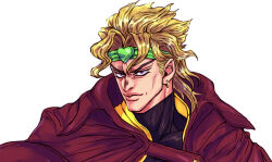 Rule 34 | 1boy, blonde hair, cape, dio brando, earrings, headband, heart-shaped ornament, highres, jacket, jewelry, jojo no kimyou na bouken, male focus, official style, portrait, red eyes, ruushii (lucy steel6969), simple background, solo, stardust crusaders, turtleneck, white background, yellow jacket