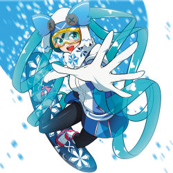 Rule 34 | 1girl, aqua eyes, aqua hair, black pantyhose, gloves, goggles, hat, hatsune miku, highres, long hair, looking at viewer, mythless, open mouth, pantyhose, quin tails, ski goggles, smile, snowboard, solo, very long hair, vocaloid, white gloves, yuki miku
