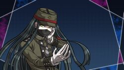 Rule 34 | 1boy, androgynous, armband, bandaged head, bandages, black hair, black mask, blue background, blunt ends, buttons, chain, chain necklace, collared jacket, commentary request, compass, covered mouth, danganronpa (series), danganronpa v3: killing harmony, gakuran, green hat, green jacket, green sleeves, hand on own cheek, hand on own face, hat, jacket, jewelry, layered sleeves, long hair, long sleeves, male focus, mask, mouth mask, necklace, official style, outside border, outstretched hand, parody, peaked cap, pocket, polka dot, polka dot background, red armband, school uniform, shinguji korekiyo, simple background, solo, straight hair, style parody, upper body, very long hair, yellow eyes, yumaru (marumarumaru), zipper, zipper pull tab