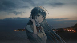 Rule 34 | 1girl, adjusting hair, arm up, bad id, bad pixiv id, bare arms, blue eyes, blue hair, blurry, blurry background, bow, bowtie, cityscape, cloud, commentary, dusk, long hair, looking at viewer, mountainous horizon, muted color, original, outdoors, parted lips, pensive, plaid, plaid bow, plaid bowtie, plaid neckwear, red bow, red bowtie, shioha, shirt, short sleeves, sky, solo, sweater vest, upper body, vest, white shirt, yellow sky, yellow vest