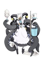 Rule 34 | 1girl, absurdres, animal ears, apron, aqua bow, aqua bowtie, aqua ribbon, bell, bird, black choker, black dress, black footwear, black horns, black skin, bow, bowtie, bucket, chick, choker, closed eyes, coin purse, colored skin, commentary request, cowbell, dress, duster, frilled apron, frills, goat ears, highres, holding, holding apron, holding bucket, holding duster, holding mop, holding tray, horns, large horns, long sleeves, maid, maid apron, maid headdress, medium hair, mop, original, pitcher (container), platform footwear, ribbon, sheep, simple background, smile, socks, solo, spikes, toombo12, tray, veiny tentacles, waist apron, white apron, white background, white hair, white socks, yellow-framed eyewear