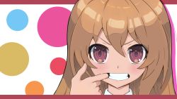 Rule 34 | 1girl, aisaka taiga, black bitou, brown eyes, brown hair, clenched teeth, commentary request, hair between eyes, highres, light blush, long hair, mouth pull, multicolored background, portrait, solo, teeth, toradora!, upper body