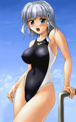 Rule 34 | 1girl, :o, aqua eyes, arena (company), arm support, armpits, banpresto, blue eyes, blush, braid, breasts, cloud, competition swimsuit, covered erect nipples, day, embarrassed, hair ornament, hairclip, highleg, highleg swimsuit, impossible clothes, impossible swimsuit, jpeg artifacts, large breasts, looking at viewer, one-piece swimsuit, open mouth, outdoors, seolla schweizer, short hair, side braid, silver hair, single braid, sky, solo, standing, super robot wars, swimsuit, thighs