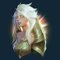 Rule 34 | 1girl, armor, closed mouth, collarbone, colored sclera, cropped torso, gem, glowing, glowing eyes, gold armor, green background, highres, kayle (league of legends), league of legends, long hair, orange sclera, solo, stnpnk, white hair, yellow eyes