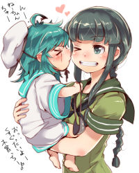 Rule 34 | &gt; &lt;, &gt; o, 10s, 2girls, aged down, ahoge, black hair, blunt bangs, braid, carrying, closed eyes, eyepatch, unworn eyepatch, green eyes, green hair, grin, hat, heart, kantai collection, kiso (kancolle), kiss, kitakami (kancolle), long hair, mataichi mataro, multiple girls, neckerchief, one eye closed, oversized clothes, sailor collar, sailor hat, scar, school uniform, simple background, single braid, smile, translated, white background