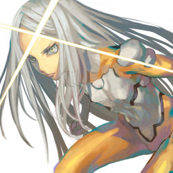 Rule 34 | 00s, 1girl, bodysuit, flat chest, gundam, gundam 00, long hair, lowres, pilot suit, silver hair, simple background, solo, soma peries, yellow eyes