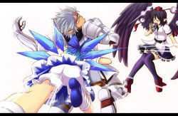 Rule 34 | 00s, 1boy, 2girls, armor, black hair, bloomers, blue hair, bow, buront, cirno, crossover, dress, final fantasy, final fantasy xi, hair bow, hair ribbon, happy, headbutt, ice, ice wings, multiple girls, pointy ears, puffy short sleeves, puffy sleeves, ribbon, shameimaru aya, short hair, short sleeves, silver hair, the iron of yin and yang, touhou, underwear, white bloomers, wings
