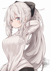Rule 34 | 1girl, beni shake, black bow, blue eyes, bow, braid, commentary request, fate/grand order, fate (series), hair between eyes, hair bow, long hair, long sleeves, looking at viewer, morgan le fay (fate), ponytail, ribbed sweater, signature, simple background, solo, sweater, turtleneck, turtleneck sweater, very long hair, white background, white hair, white sweater
