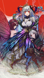 Rule 34 | 3girls, absurdres, bare shoulders, blue eyes, blue hair, bodysuit, breasts, closed mouth, commentary request, curled horns, dress, facial mark, fairy, fairy wings, fire emblem, fire emblem heroes, forehead, forehead mark, freyja (fire emblem), goat horns, grey hair, grin, hair ornament, hair over one eye, hair vines, highres, horns, ikura (downdexp), lips, long hair, looking at viewer, multicolored hair, multiple girls, nintendo, one eye covered, parted bangs, parted lips, plant, plumeria (fire emblem), ponytail, purple hair, red background, red eyes, red horns, red lips, short hair, skin tight, smile, thorns, triandra (fire emblem), two-tone hair, very long hair, vines, white dress, wings