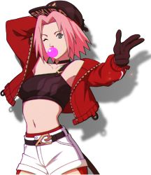 Rule 34 | 1girl, belly, belt, belt buckle, bra, breasts, bubble, buckle, choker, gloves, green eyes, hat, jacket, naruto (series), naruto shippuuden, navel, official art, one eye closed, open clothes, open jacket, panties, pink hair, red panties, shorts, underwear, wink