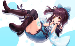Rule 34 | 1girl, absurdres, bashamichi hagemi, black bow, black capelet, black thighhighs, blue bow, blue skirt, boots, bow, brown footwear, brown hair, capelet, clothing cutout, hair bow, hair rings, hands on own cheeks, hands on own face, highres, indie virtual youtuber, knee boots, looking at viewer, shoulder cutout, skirt, solo, thighhighs, virtual youtuber, yukikawa sara