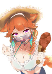 Rule 34 | 1girl, absurdres, animal ears, blonde hair, blue shorts, braid, breasts, cat ears, cat girl, cat tail, choker, cleavage, crop top, fried chicken, green choker, green hair, hairband, hat, highres, hololive, hololive english, large breasts, long hair, looking at viewer, midriff, multicolored hair, nantoko, navel, official alternate costume, orange hair, pacifier, puffy short sleeves, puffy sleeves, shirt, short sleeves, shorts, simple background, solo, straw hat, streaked hair, sunglasses, tail, takanashi kiara, takanashi kiara (casual), tears, twin braids, virtual youtuber, white background, white hairband, white shirt