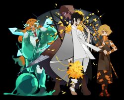 Rule 34 | 1girl, 3boys, black hair, blonde hair, branch, brown cloak, brown hair, cloak, drunk, e.g.o (project moon), full body, green eyes, hammer, heathcliff (project moon), highres, holding, holding branch, holding hammer, holding ofuda, holding staff, homiu, ishmael (project moon), limbus company, long hair, looking at viewer, multiple boys, ofuda, ofuda on arm, ofuda on clothes, ofuda on leg, open mouth, orange hair, pants, project moon, sinclair (project moon), slime (substance), staff, standing, very long hair, white hanbok, white pants, yellow eyes, yi sang (project moon)