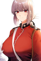 Rule 34 | 1girl, absurdres, breasts, closed mouth, fate/grand order, fate (series), florence nightingale (fate), gloves, grey hair, highres, large breasts, long sleeves, looking at viewer, military, military uniform, red eyes, rororo, short hair, simple background, smile, solo, uniform, upper body, white background, white gloves
