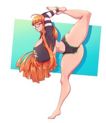 Rule 34 | 1girl, alternate body size, alternate breast size, breasts, cleavage, covered erect nipples, curvy, female focus, full body, gigantic breasts, glasses, long hair, n647, narrow waist, orange hair, persona, persona 5, sakura futaba, solo, standing, standing on one leg, thick thighs, thighs, underboob, wide hips, yellow eyes, yoga