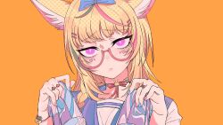 Rule 34 | 1girl, animal ears, blonde hair, blue nails, choker, cinderella (vocaloid), commentary request, fingernails, fox ears, fox girl, glasses, highres, holding, holding shoes, hololive, kakult2017, looking at viewer, nail polish, official art, omaru polka, orange background, pink eyes, red nails, shoes, simple background, solo, virtual youtuber, vocaloid, zain (omaru polka)