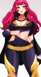 Rule 34 | 1girl, :p, belt, black cape, bodysuit, breasts, cape, ceroccb, chest strap, choker, cleavage, clothing cutout, collarbone, dagger, detached sleeves, facial mark, fire emblem, fire emblem engage, gluteal fold, gold belt, hair ornament, head out of frame, highres, holding, holding dagger, holding knife, holding weapon, knife, large breasts, long hair, navel, nintendo, pink choker, red eyes, red hair, saliva, side cutout, solo, star (symbol), star facial mark, star hair ornament, sweat, tongue, tongue out, weapon, yunaka (fire emblem)