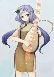 Rule 34 | 1girl, alternate costume, biwa lute, chain, chinese clothes, flower, hair flower, hair ornament, instrument, long hair, lute (instrument), musical note, purple eyes, purple hair, smile, solo, touhou, tsukumo benben, twintails, ys (fall)