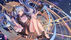 Rule 34 | 1girl, aqua hair, artist name, bad id, bad pixiv id, black bow, black footwear, black jacket, black neckwear, black shorts, blue eyes, blue ribbon, bow, bowtie, breasts, center frills, collared shirt, commentary, corset, english commentary, floating, floating hair, frilled sleeves, frills, full body, gears, gem, gloves, hair between eyes, hair ornament, hat, hatsune miku, high heels, highres, holding, holding clothes, holding hat, holding wand, jacket, legs up, long hair, looking at viewer, magician, night, night sky, parted lips, qie, ribbon, shirt, shorts, sky, small breasts, smile, star (sky), star (symbol), star hair ornament, starry sky, twintails, unworn hat, unworn headwear, very long hair, vocaloid, wand, white gloves, white shirt