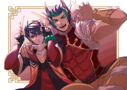 Rule 34 | 2boys, animal ears, aphelios, black gloves, black hair, brown pants, closed mouth, facial mark, fingerless gloves, firecracker sett, gloves, green eyes, grey hair, highres, horns, imone illust, large pectorals, league of legends, looking at viewer, lunar beast aphelios, male focus, multicolored hair, multiple boys, muscular, muscular male, official alternate costume, open mouth, pants, pectorals, red shirt, sett (league of legends), shirt, short hair, smile, two-tone hair