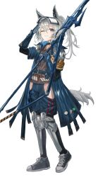 Rule 34 | 1girl, absurdres, animal ears, arknights, armored boots, blue coat, blue gloves, blue pants, boots, brown shirt, coat, extra ears, full body, gloves, grani (arknights), grey footwear, grey hair, groin, hair between eyes, highres, hip vent, holding, holding polearm, holding weapon, horse ears, horse girl, horse tail, long hair, long sleeves, no panties, one eye closed, open clothes, open coat, pants, polearm, ponytail, putcho, salute, shirt, shoes, simple background, smile, solo, spear, standing, tail, visor (armor), visor lift, weapon, white background