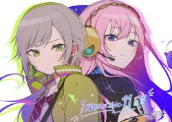 Rule 34 | 2girls, absurdres, black jacket, blue eyes, bow, bowtie, closed mouth, commentary request, countdown, expressionless, green eyes, green jacket, grey hair, hairband, hassan (sink916), headphones, headset, highres, hinomori shiho, jacket, leo/need luka, long hair, long sleeves, looking at viewer, megurine luka, microphone, multiple girls, official art, pink hair, project sekai, red bow, red bowtie, sidelocks, signature, smile, upper body, very long hair, vocaloid