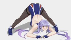 Rule 34 | 1girl, :t, absurdres, adapted costume, alternate costume, arm support, ass, azur lane, bare back, black pantyhose, blush, commentary request, essex (azur lane), fingerless gloves, gloves, hair between eyes, highres, jack-o&#039; challenge, long hair, looking at viewer, orange eyes, outstretched arms, pantyhose, pout, purple hair, sidelocks, simple background, solo, spread arms, svol, tearing up, twintails, twitter username, white background