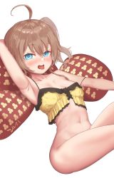 Rule 34 | 1girl, ahoge, arm behind head, armpits, blue eyes, blush, bottomless, breasts, brown hair, camisole, harry (dudwofla), highres, hololive, medium hair, midriff, natsuiro matsuri, natsuiro matsuri (matsuri&#039;s day off), navel, open mouth, pillow, presenting armpit, side ponytail, simple background, sleepwear, small breasts, smile, solo, strap slip, tongue, tongue out, virtual youtuber, white background