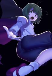 Rule 34 | 1girl, antennae, black background, black cape, black shorts, cape, commentary request, green eyes, green hair, juliet sleeves, kaiza (rider000), long sleeves, mary janes, puffy sleeves, red footwear, shirt, shoes, short hair, shorts, simple background, socks, solo, touhou, v-shaped eyebrows, white shirt, white socks, wing collar, wriggle nightbug