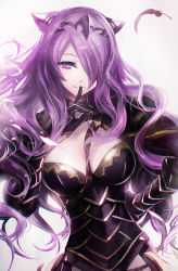 Rule 34 | 1girl, armor, breasts, camilla (fire emblem), cleavage, cleavage cutout, clothing cutout, feathers, finger to mouth, fire emblem, fire emblem fates, gradient background, hair over one eye, hand on own hip, highres, juexing (moemoe3345), long hair, looking at viewer, nintendo, purple eyes, purple hair, smile, solo, tiara, upper body, very long hair