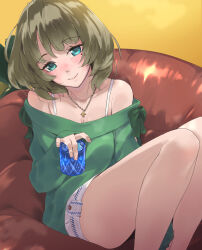 Rule 34 | 1girl, bare shoulders, between legs, blue eyes, blush, bra, bra strap, breasts, cleavage, closed mouth, collarbone, cup, green eyes, green hair, green ribbon, green shirt, hand between legs, hand up, heterochromia, holding, holding cup, idolmaster, idolmaster cinderella girls, idolmaster cinderella girls starlight stage, jewelry, kawaty, knees up, looking at viewer, medium breasts, mole, mole under eye, necklace, off-shoulder shirt, off shoulder, on chair, ribbon, shirt, short hair, shorts, sitting, smile, solo, takagaki kaede, underwear, white bra, white shorts