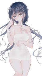 Rule 34 | 1girl, bare arms, bare shoulders, black hair, blue eyes, blush, breasts, cleavage, collarbone, commentary, feet out of frame, hair between eyes, hair ornament, hairclip, head tilt, highres, long hair, looking at viewer, low twintails, medium breasts, naked towel, original, parted lips, simple background, solo, symbol-only commentary, tandohark, thigh gap, towel, twintails, very long hair, wet, white background