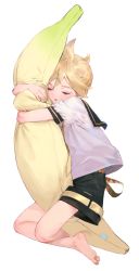 Rule 34 | 1boy, banana, barefoot, belt, black collar, black shorts, blonde hair, collar, collared shirt, commentary request, closed eyes, food, fruit, kagamine len, lying, male focus, naoko (naonocoto), hugging object, on side, open mouth, oversized object, sailor collar, school uniform, shirt, short ponytail, short sleeves, shorts, sleeping, solo, spiked hair, stuffed toy, vocaloid, white background, white shirt