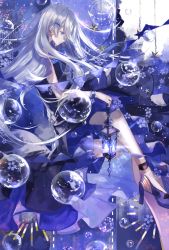 Rule 34 | 1girl, air bubble, birdcage, blue dress, bubble, cage, closed mouth, dress, floating hair, from side, hair ornament, hairclip, high heels, highres, long hair, original, pennant, sidelocks, sitting, solo, star (symbol), tsugutoku, very long hair, wind chime